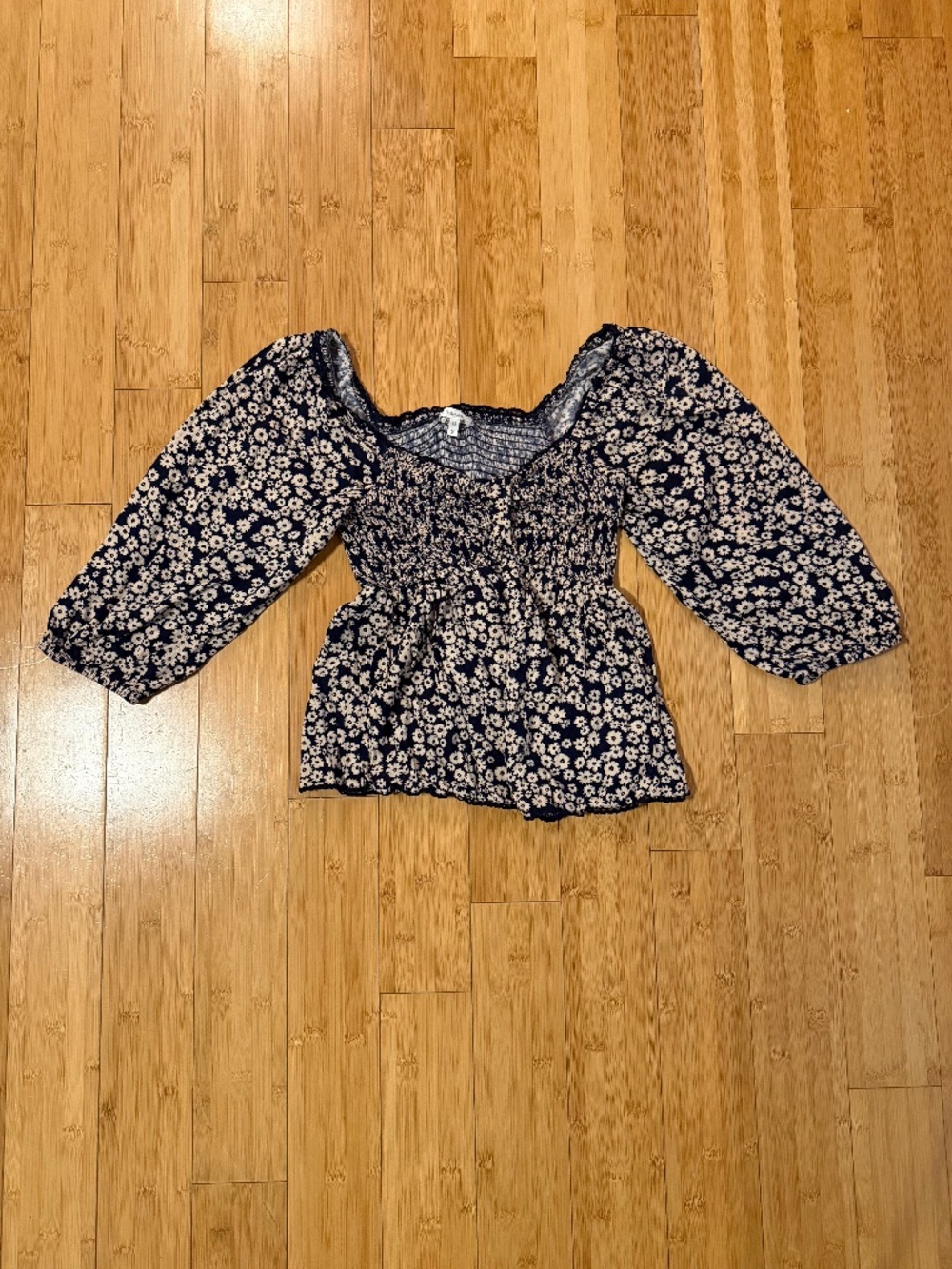 Floral Smocked Navy and Ivory Top